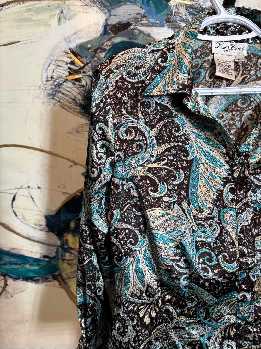 Paisley Button-Front Long-Sleeve Top in Teal and Brown Stretch - Picture 3 of 10
